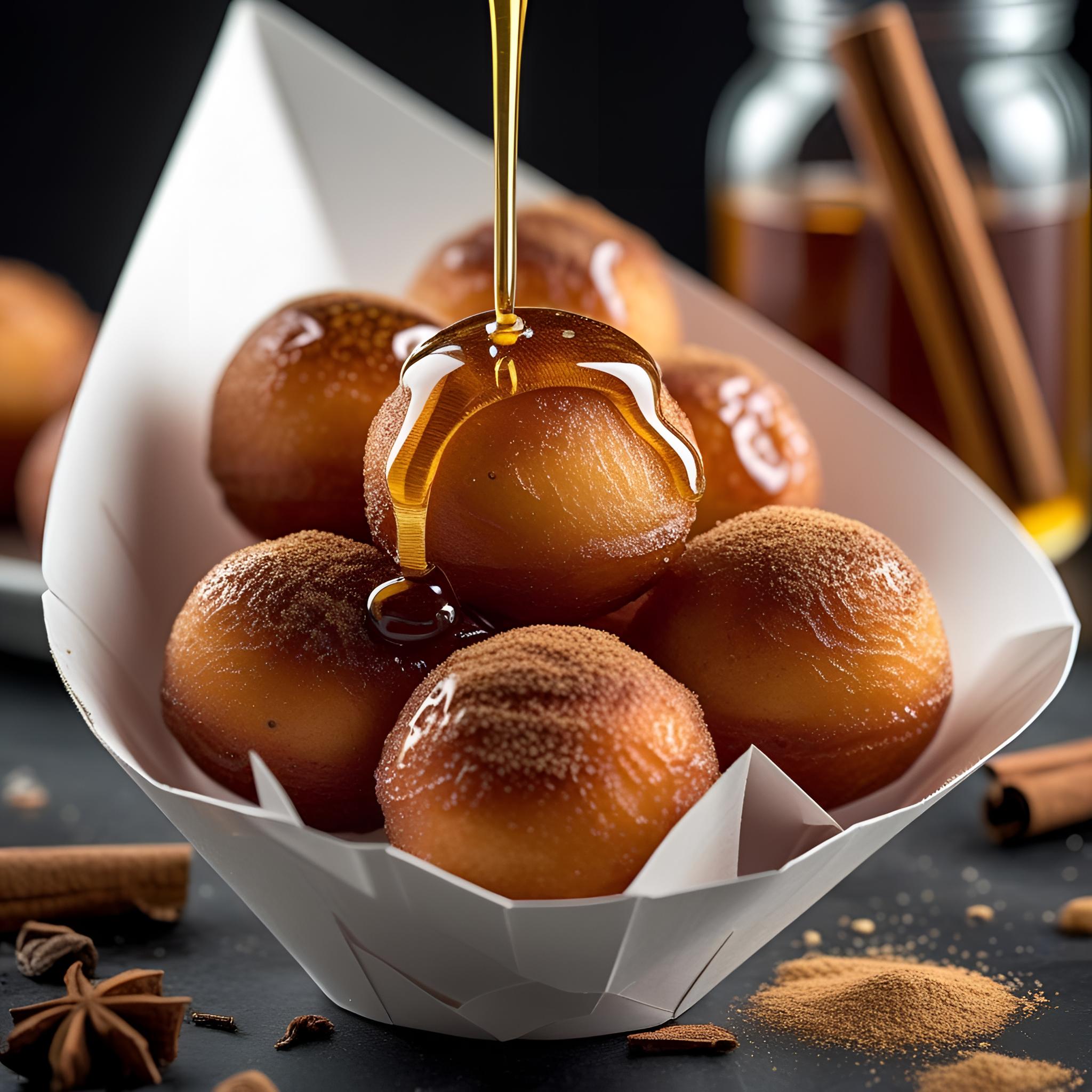 loukoumades greckie pączki w kształcie kulek oblane miodem i posypane cynamone na talerzu w greckie wzory